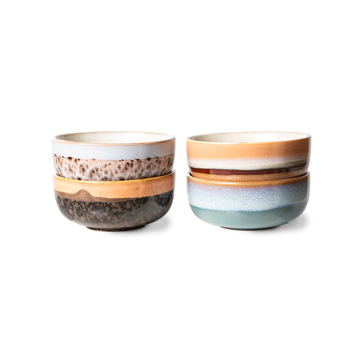 set of four colorful small tapa bowls with reactive glaze fiinish