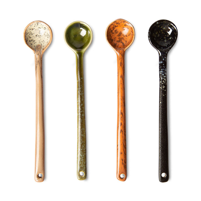set of 4 long ceramic spoons with reactive glaze in taupe, green, orange and black