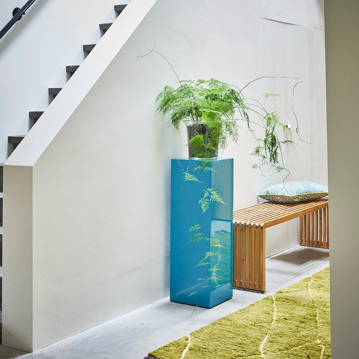 glass planter with fern plant on a blue mirror pillar in a hallway