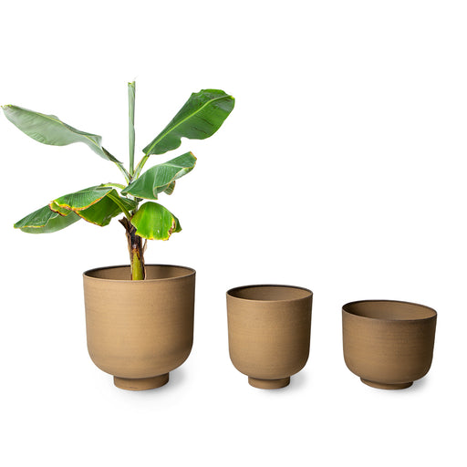 set of 3 metal planters with stone finish look in camel color