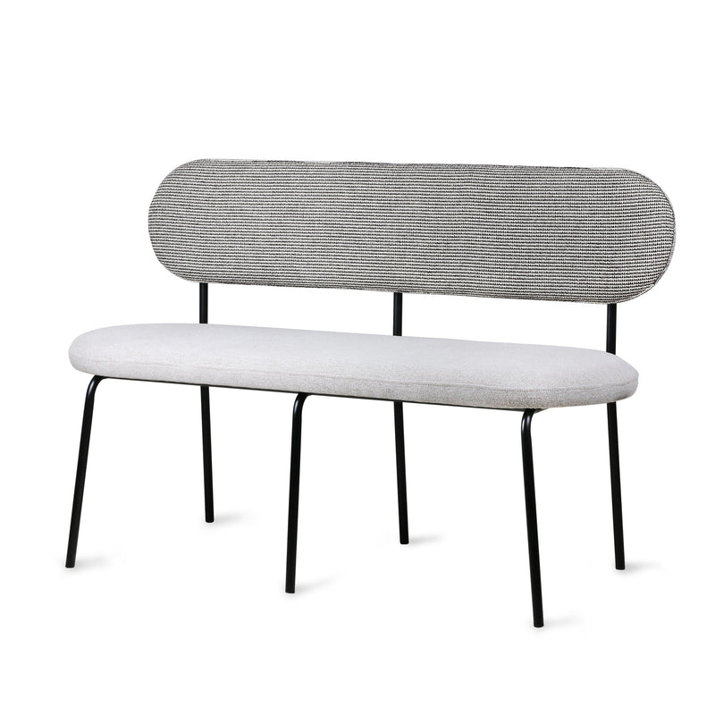 bench with metal black legs and a seating with grey fabric and back made from black and white fabric