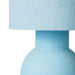 detail of ice blue stoneware and linen table lamp