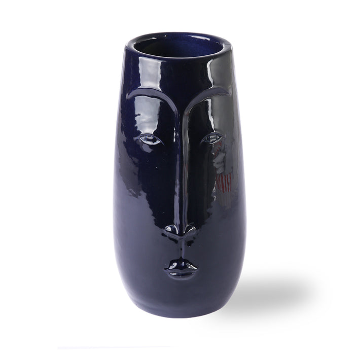 Dark blue stoneware flower vase with face