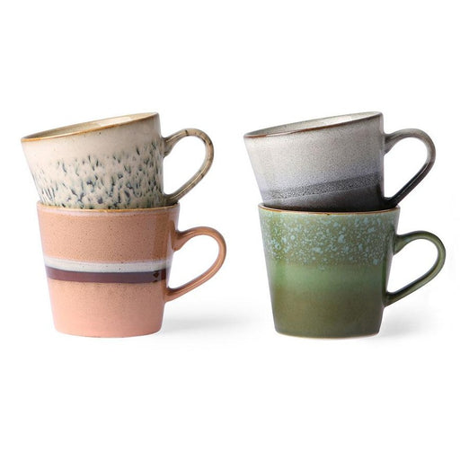 set of 4 cappuccino mugs with retro design and 70's colors