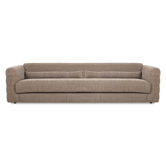 contemporary style club couch in a taupe color fabric that is a mix of linen and cotton
