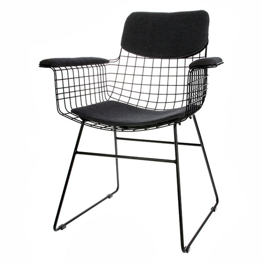 black metal wire armrest chair in mid century modern design with fabric comfort kit in charcoal