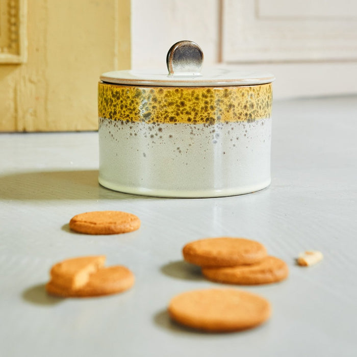 freshly baked ginger snaps with a retro style cookie jar made from yellow and white stoneware