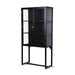 black showcase cabinet with high base and glass doors
