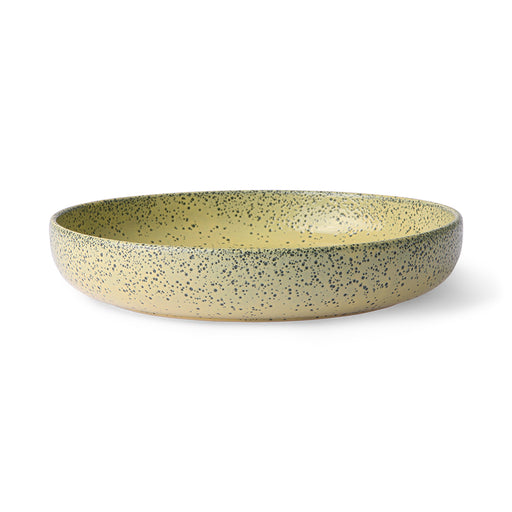 round stoneware deep yellow plate with grey speckles