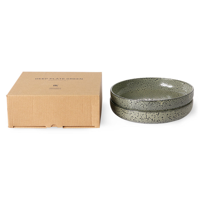 brown gift box with two stoneware deep dishes in grey green color