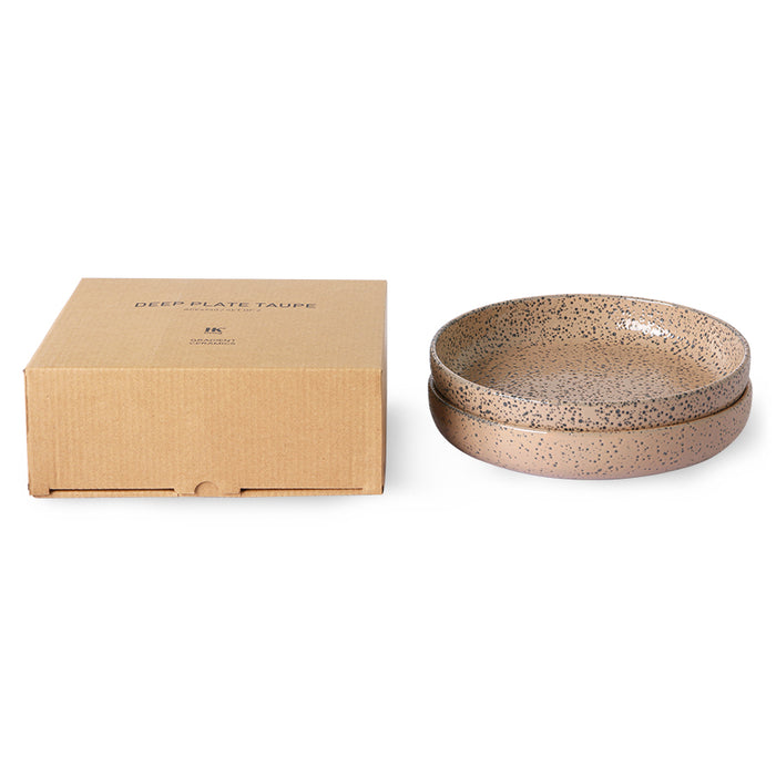 two taupe colored, stoneware deep plates with box
