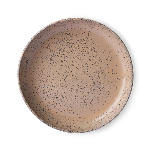 round stoneware deep plate in taupe colored speckled ceramic