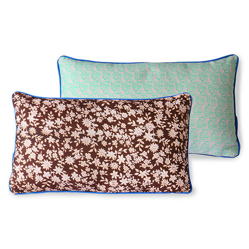 duo colored pillow with brown and green vintage floral look and blue trim