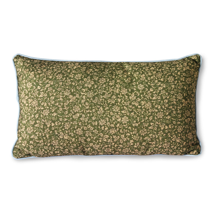 pillow with vintage floral print in dark green and white trim