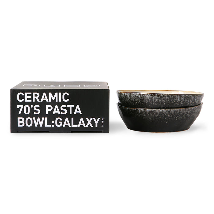 black gift box with two stoneware pasta bowls with black and grey speckled glaze finish