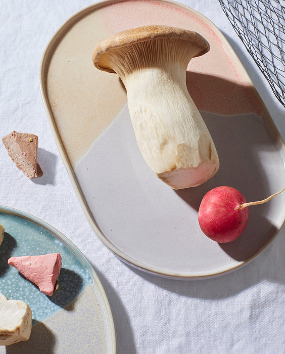 oval shaped ceramic plate in pastel colors with a large mushroom and a radish 