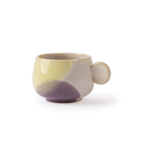 yellow and lilac ceramic coffee cup with ear