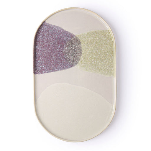 oval shaped dinner plate with lilac, yellow and cream pastel colors