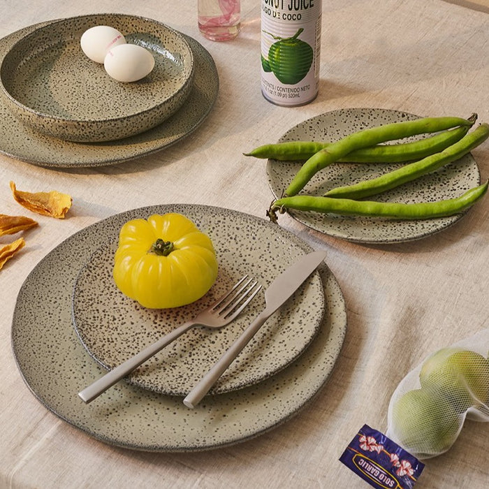 gradient green dinnerware with frosted cutlery and green beans