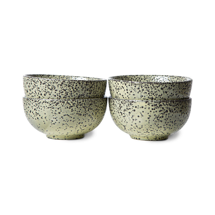 set of 4 stoneware bowls green speckled with different finishes