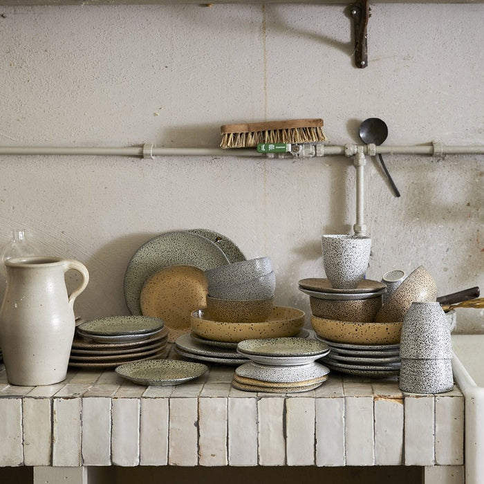 farmhouse style kitchen with gradient ceramics in various colors