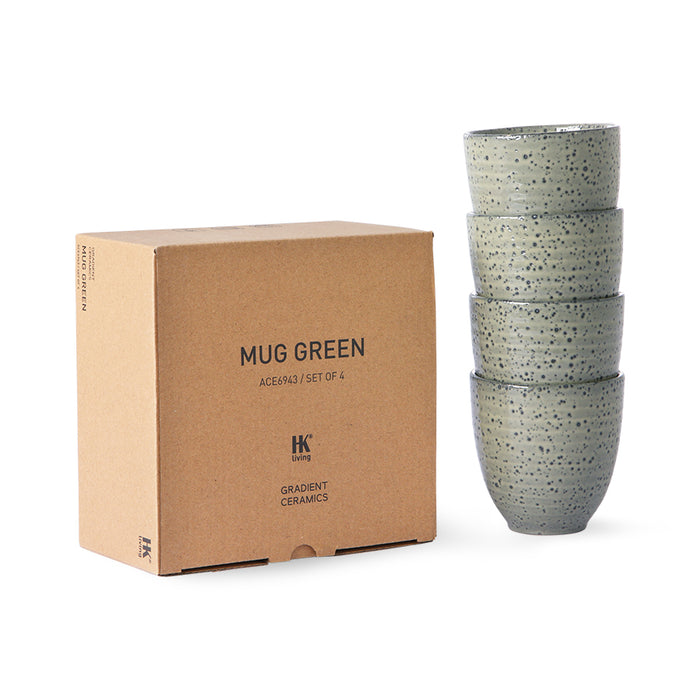 set of 4 stoneware, green mugs in a natural carton gift box