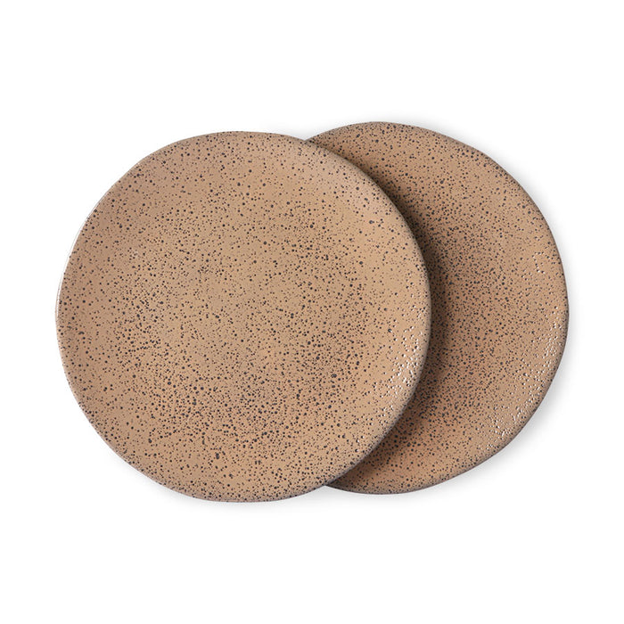 set of 2 organic shaped, speckled, taupe colored  breakfast plates