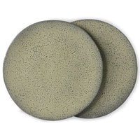 two green speckled ceramic dinner plates