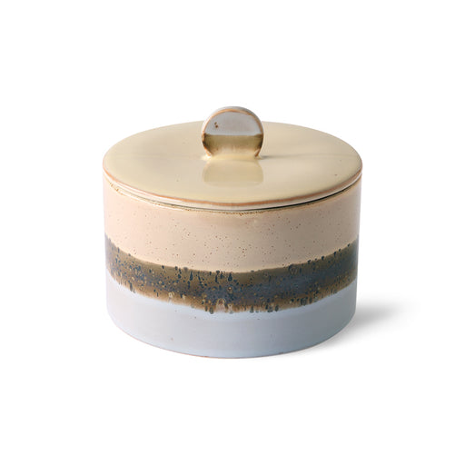 handmade ceramic storage jar with lid in blue and cream color tones