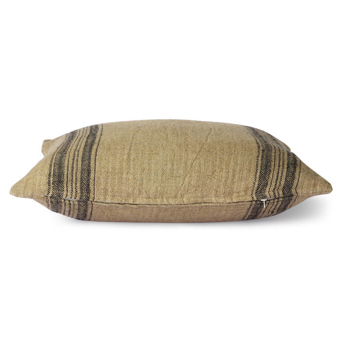 100% linen pillow with a zipper and charcoal stripes on a beige base color