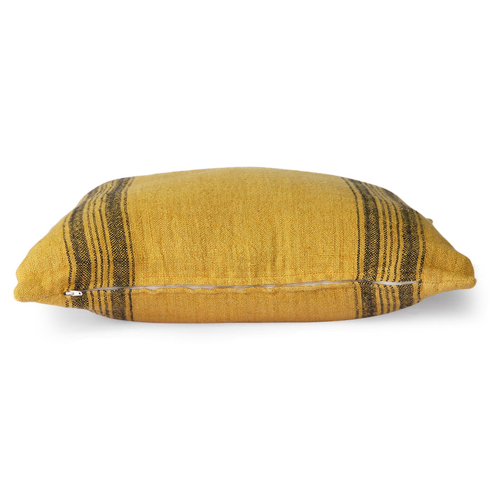 mustard yellow linen pillow with charcoal stripes and a zipper