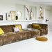 corduroy brown element sofa with mustard yellow linen pillow and accessories in yellow colors