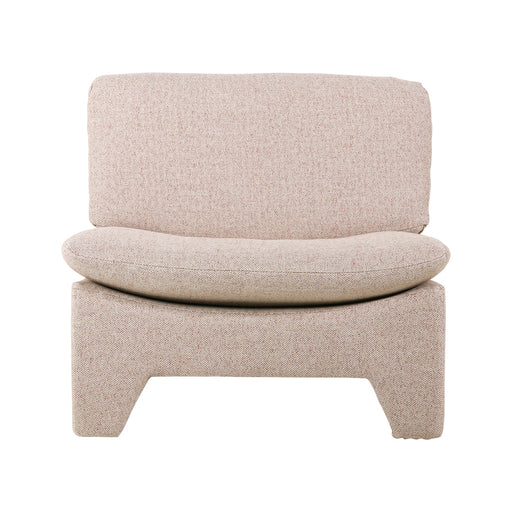 square chair with a rounded seating area in pinkish blush color fabric