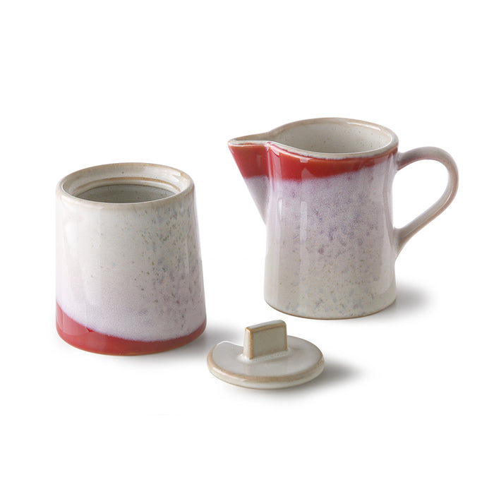 ceramic sugar pot and milk jug with red accents