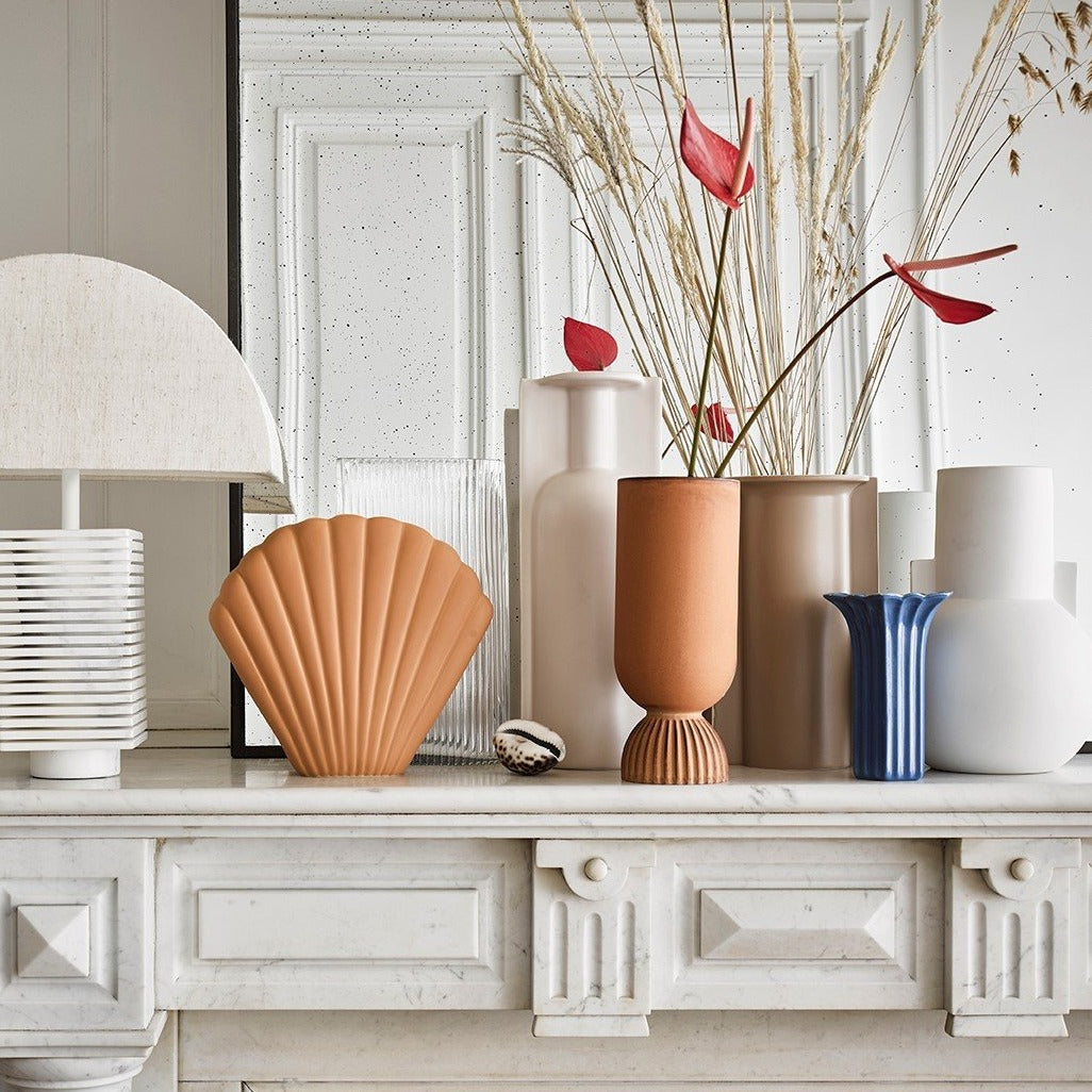 terracotta, clay, white, mocha, white and blue vase