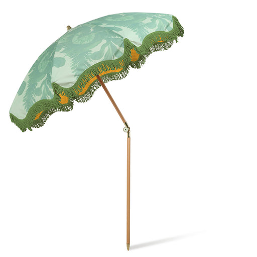 green floral vintage inspired beach umbrella with tassles