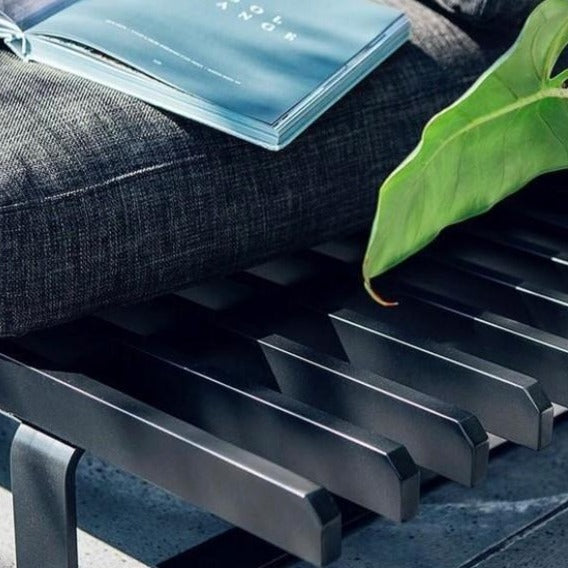 detail of black outdoor aluminum sofa 
