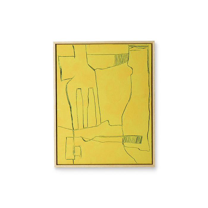 yellow brutalism painting in ash wooden block frame