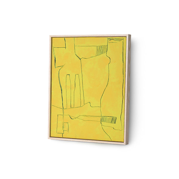 yellow brutalism painting in ash wooden block frame