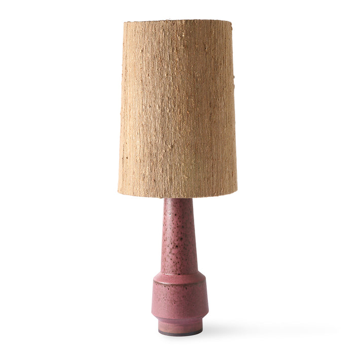retro style table lamp with purple stoneware base and brown shade