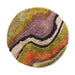 gradient round rug made from hand tufted wool in warm muted colors like green, terracotta, mustard yellow and purple