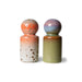 orange, white, green and blue colored set of pepper and salt shakers