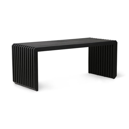 black wooden slatted bench