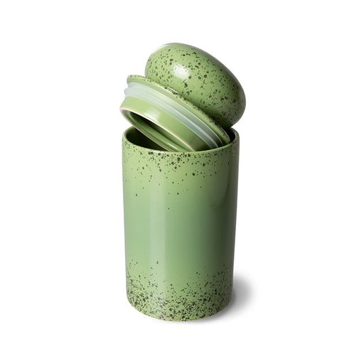 green stoneware storage jar with lid