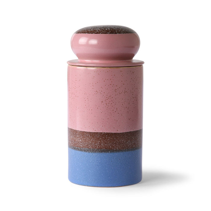 pink blue and brown storage jar made of stoneware