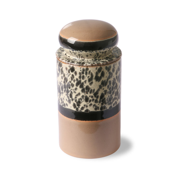 storage jar with lid, made from stoneware with an animal print