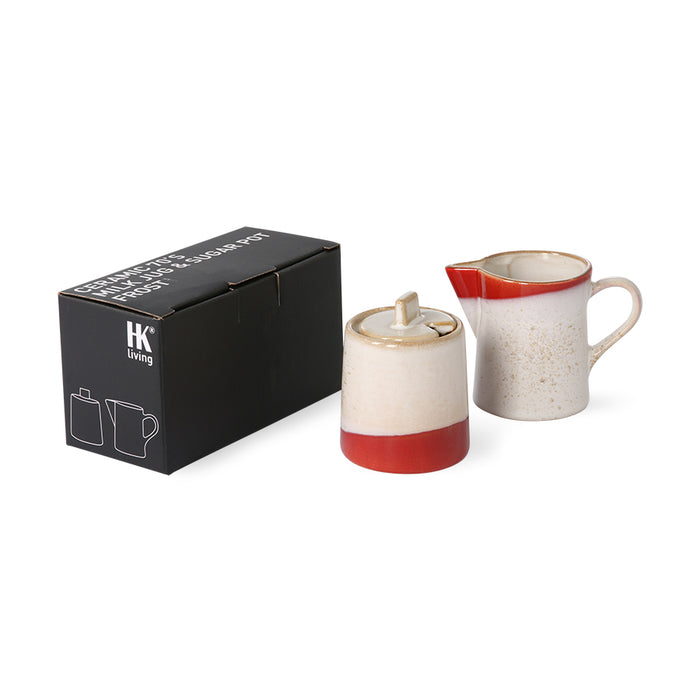 stoneware sugar pot and milk jar in cream and cherry red with black gift box