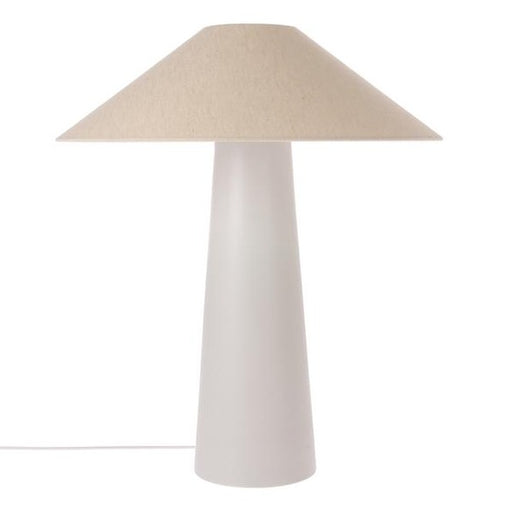 cone shaped grey table lamp base with an ivory jute triangle shaped shade