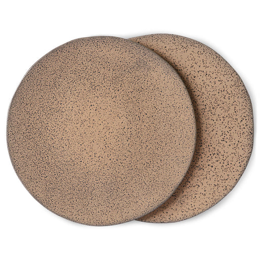 set of 2 speckled taupe colored dinner plates with organic shapes