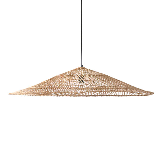 extra large, triangle shaped pendant light made from wicker